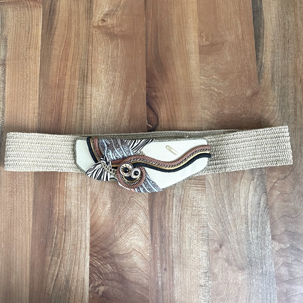 Vintage 90s Woven Abstract Embellished Straw 33" Belt Beads Chains Trim Neutral